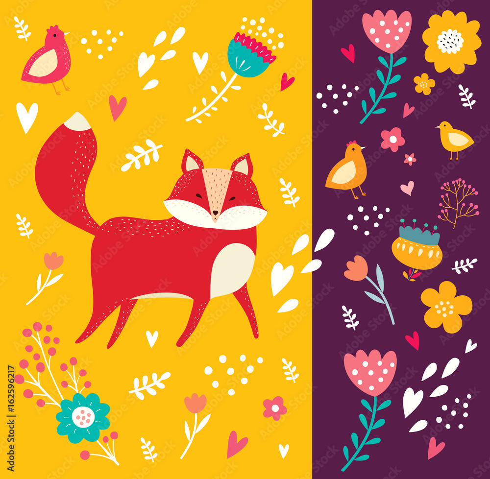 Template of cover with cute fox with floral background