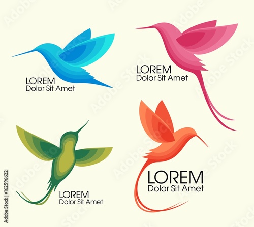 Modern Set . Colorful birds, Colibri in flight, trendy minimalistic template design for logos, emblems, symbols.
