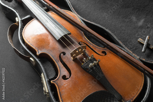 Old violin on a black background