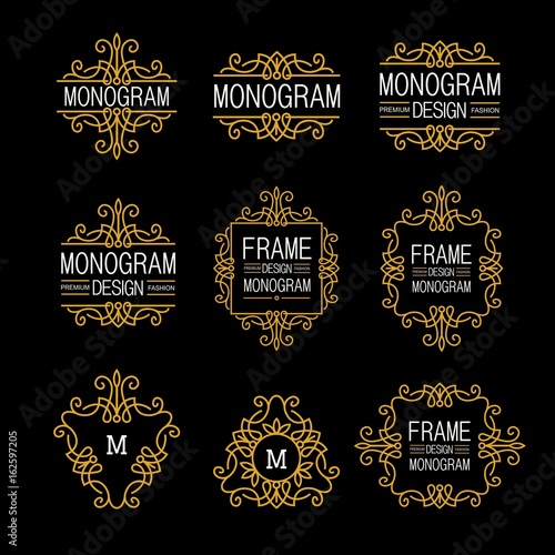 Wonderful set, style art nouveau. Elegant Line Art Logo, Emdlem and Monogram Design, vector template