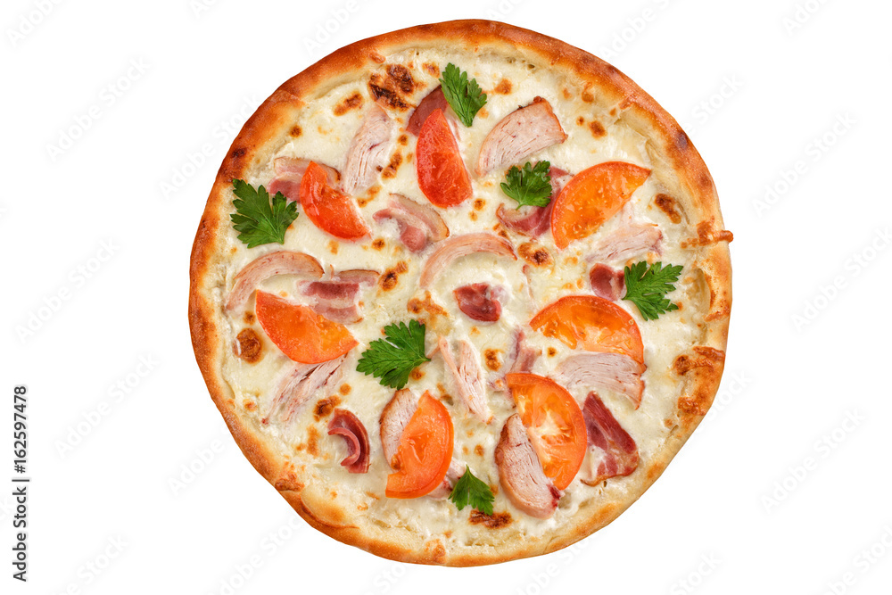 Pizza with smoked chicken, bacon and tomatoes top view Pizza with smoked chicken, bacon and tomatoes top view