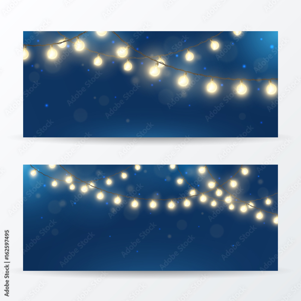 Vector set of horizontal banners with realistic light garlands. Festive background with shiny Christmas lights. Glowing bulbs with effect bokeh.