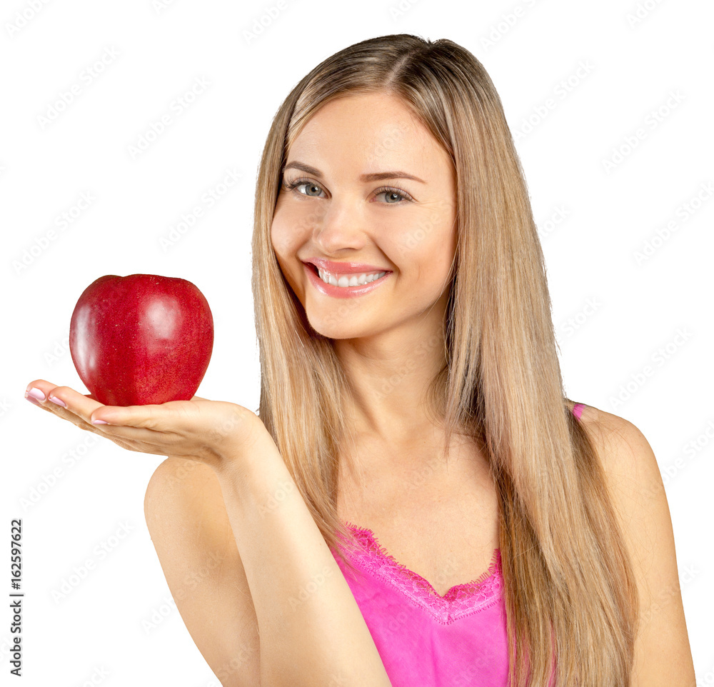 woman and red apple isolated over white backgoround woman and red apple isolated over white backgoround