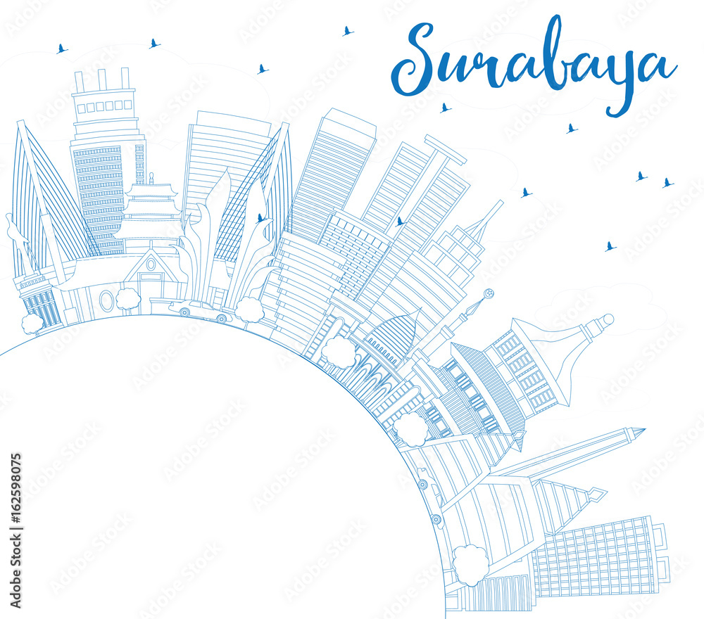 Outline Surabaya Skyline with Blue Buildings and Copy Space.