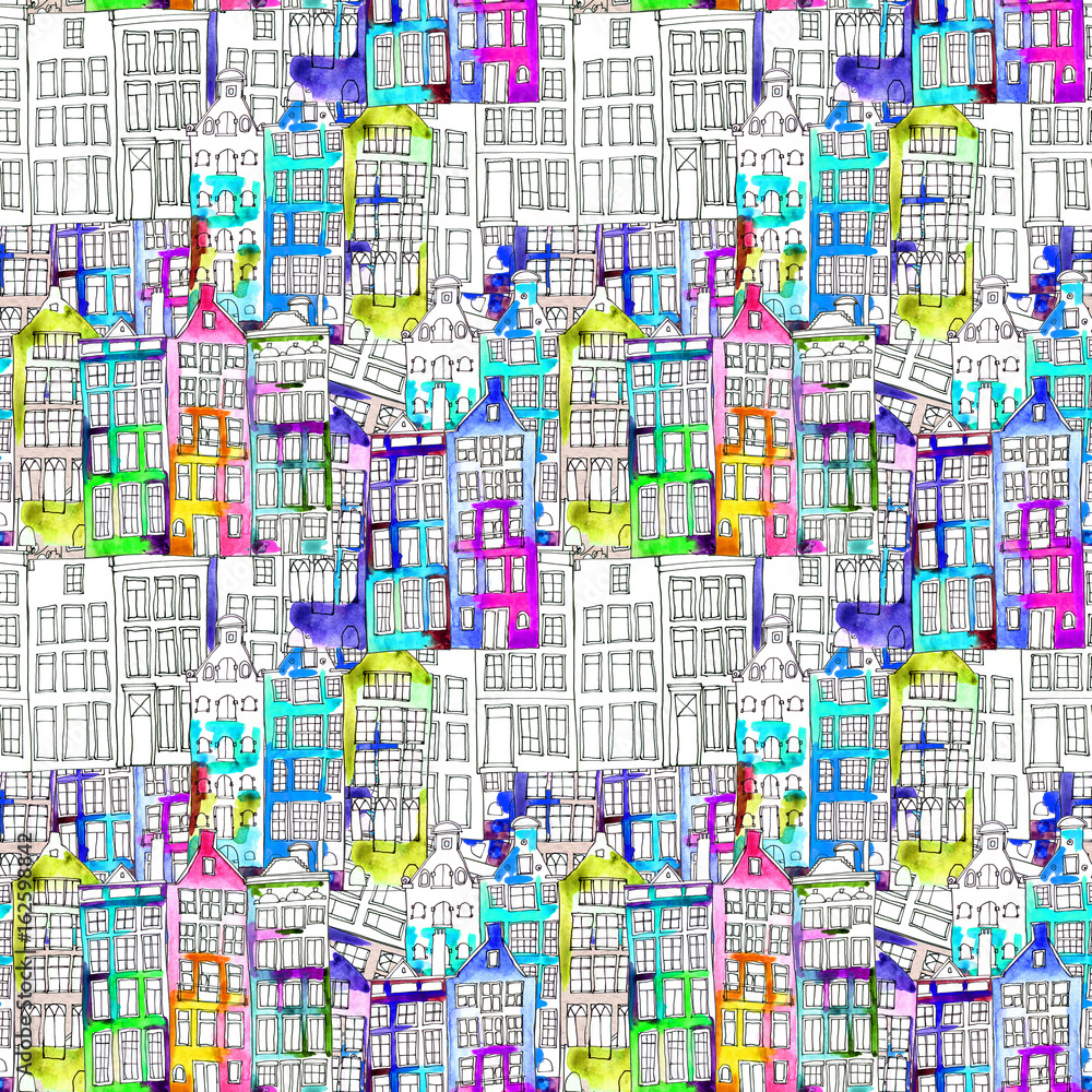 Fototapeta premium Seamless pattern eith watercolor Amsterdam houses