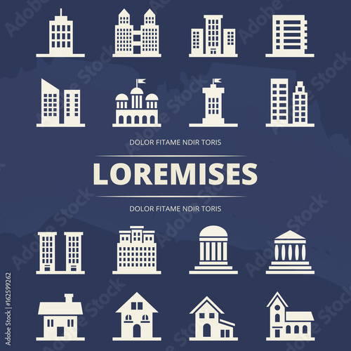 Houses icons set on blue background and place for text photo