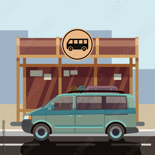 Illustration of flat style minibus on bus stop