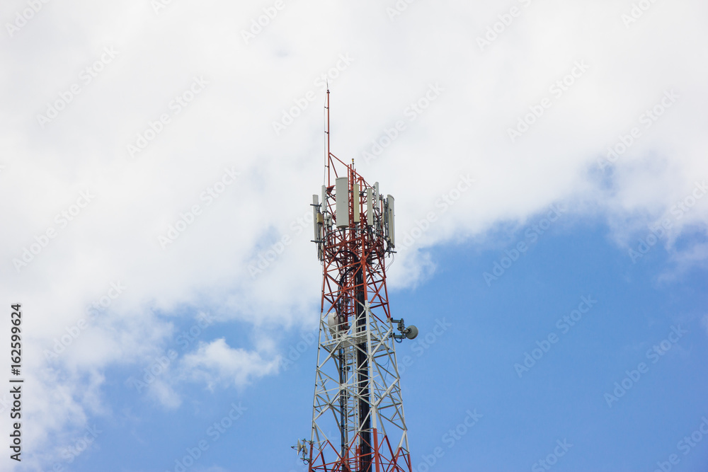 Modern cell and antenna with flat parabola on blue sky Modern cell and antenna with flat parabola on blue sky
