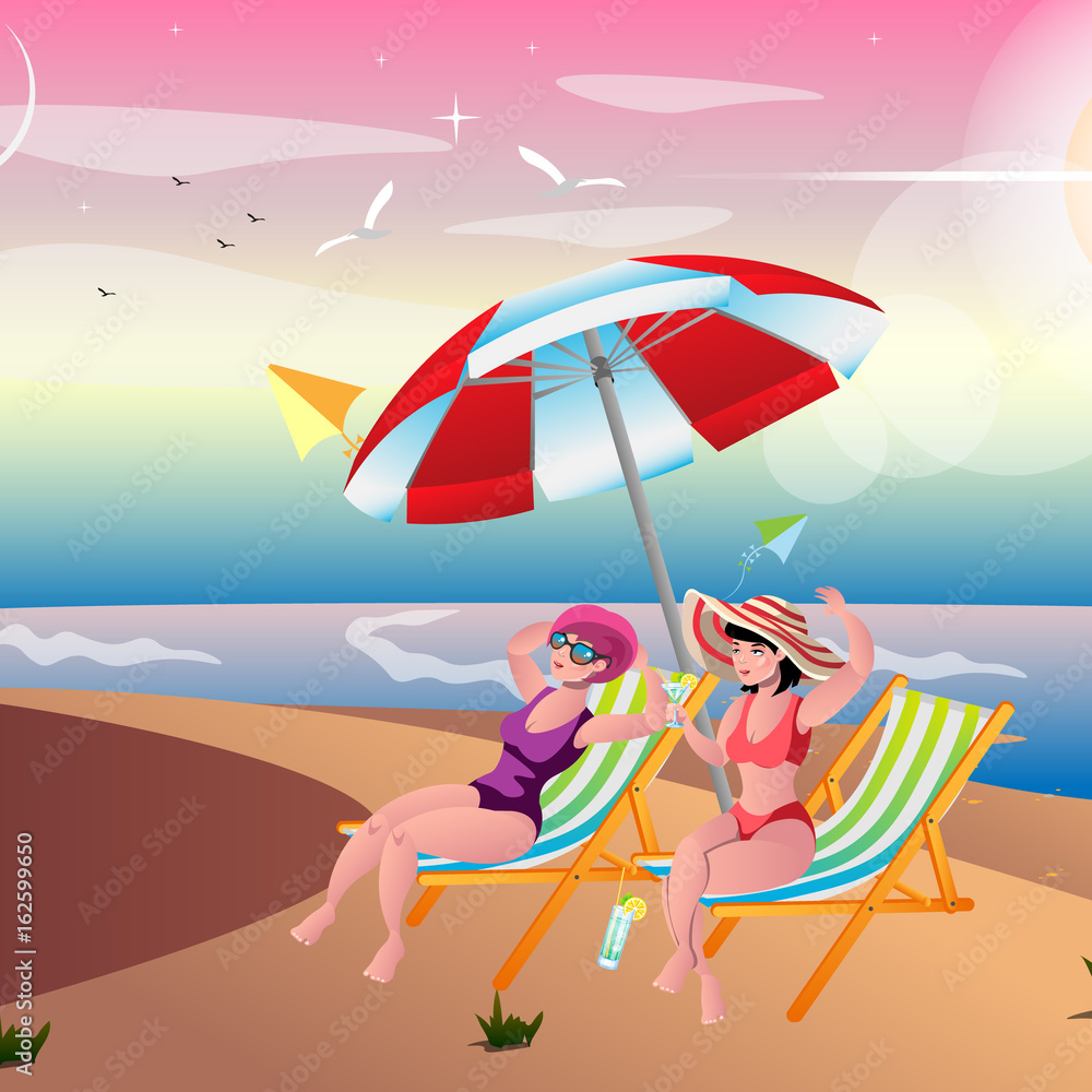 Two girls sunbathing on the beach