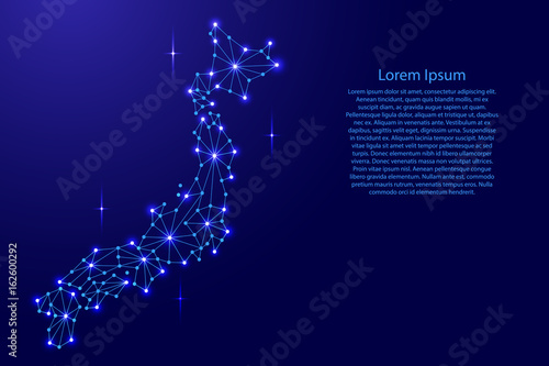 Japan map of polygonal mosaic lines network, rays and space stars of vector illustration.