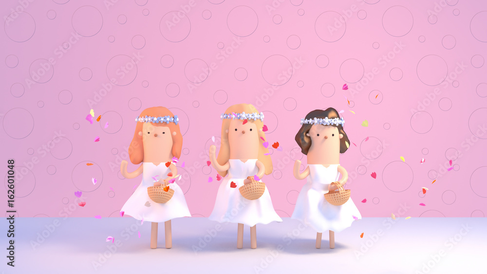 Cartoon bridesmaids throwing rose petals in the air at wedding. Cute flower girls with beautiful white dresses and floral head wreaths. Romantic wedding ceremony. 3d render picture. Cartoon bridesmaids throwing rose petals in the air at wedding. Cute flower girls with beautiful white dresses and floral head wreaths. Romantic wedding ceremony. 3d render picture.