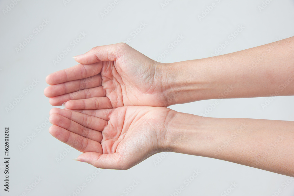 two empty female teen hands pleading, isolated on white two empty female teen hands pleading, isolated on white