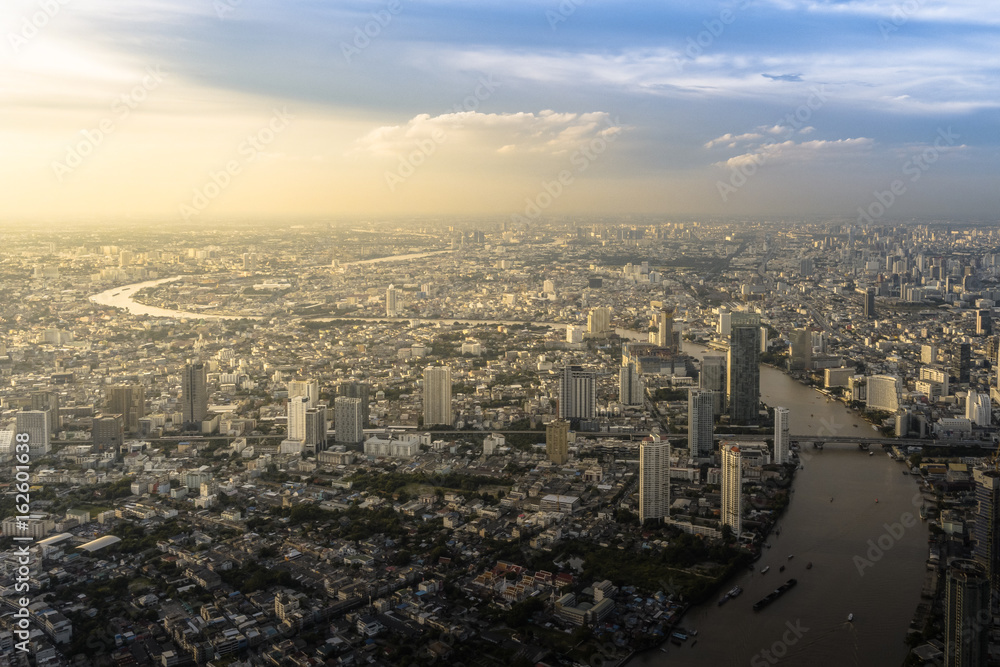 Beautiful Aerial view of the city and the river at sunset - Bangkok, Thailand