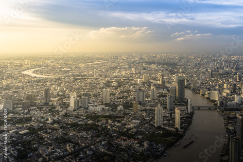 Beautiful Aerial view of the city and the river at sunset - Bangkok, Thailand