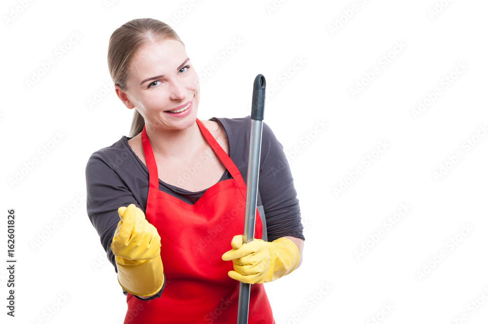 Cheerful housekeeper asking for her money