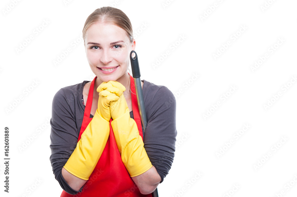 Beautiful excited housekeeper with cleaning mop Beautiful excited housekeeper with cleaning mop