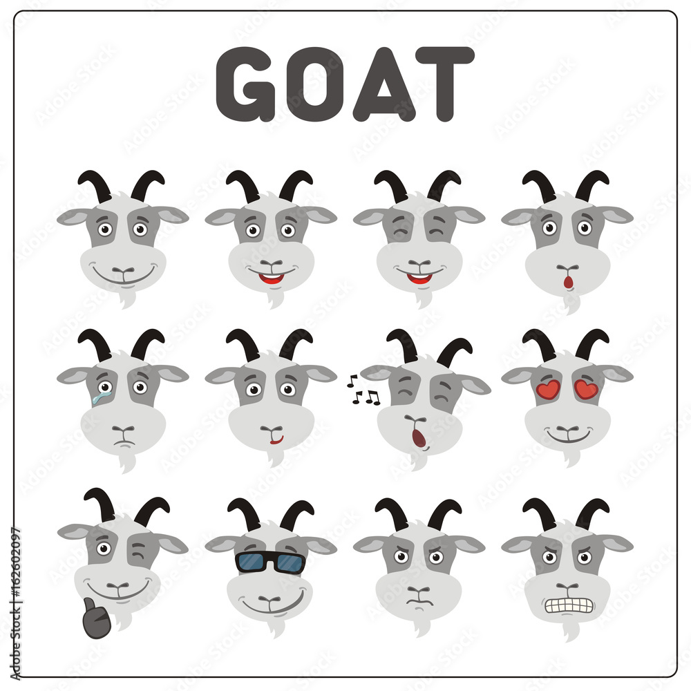 Emoticons set face of goat in cartoon style. Collection isolated funny muzzle goat with different emotion. Emoticons set face of goat in cartoon style. Collection isolated funny muzzle goat with different emotion.