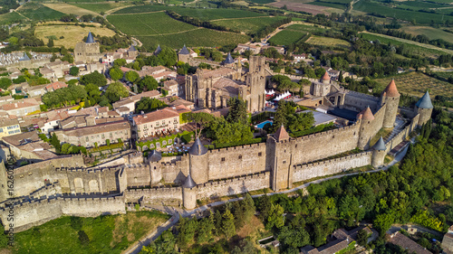 Aerial top view of Carcassonne medieval city and fortress castle from above, Sourthern France
 photo