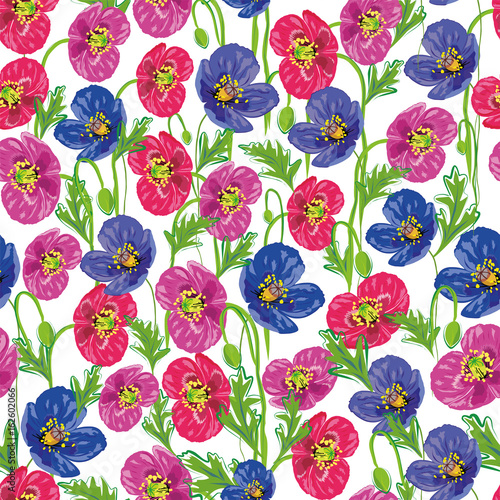 Seamless delicate flower pattern poppies. Floral background for wallpapers, textile, covers, manufacturing, tapestry, print, gift wrap, scrapbooking Trendy colors millefleurs Vector illustration AI10