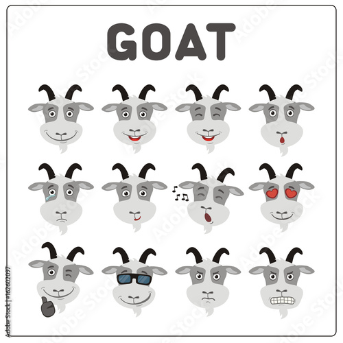 Emoticons set face of goat in cartoon style. Collection isolated funny muzzle goat with different emotion.