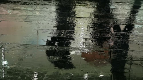 Slow motion reflections of pedestrians and raindrops on the pavement of a sidewalk.
