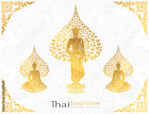 Buddha and Bodhi tree gold color of thai tradition,greeting card
