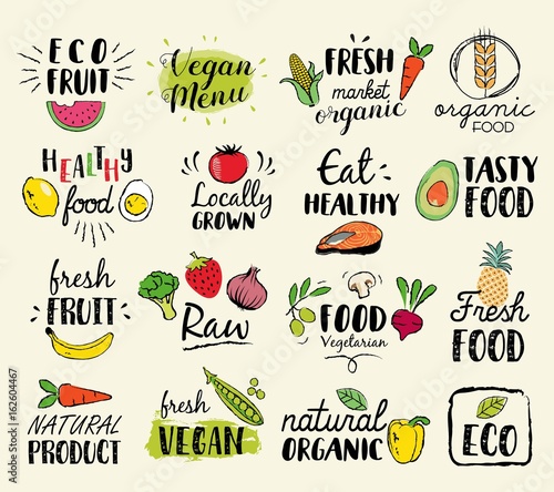 Healthy food hand drawn illustrations and elements for fresh market, eco food, vegan menu, natural products