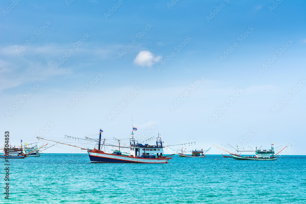 Amazing view of fishing ships in Andaman sea. Location: Krabi, Krabi province, Thailand, Andaman Sea. Artistic picture. Beauty world.