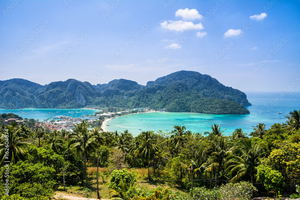 Amazing view of bay Koh Phi Phi Don in andaman sea from View Point. Island Koh Phi Phi Don, Krabi, South Thailand.
