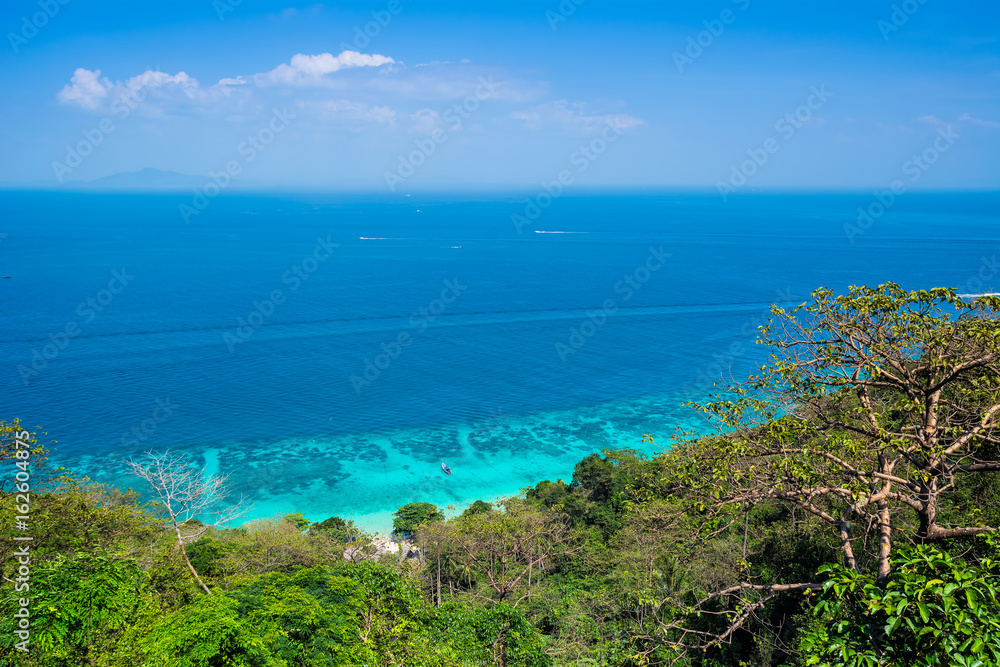 Amazing view of beautiful beach in Koh Phi Phi Don from View Point. Island Koh Phi Phi Don, Krabi, South Thailand.