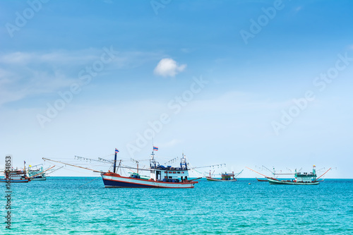 Amazing view of fishing ships in Andaman sea. Location  Krabi  Krabi province  Thailand  Andaman Sea. Artistic picture. Beauty world.