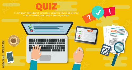 Onlineforms of questioning on the notebook of vectorial illustration, man working on a computer, screening a test computer, kind from above workmount flat style design