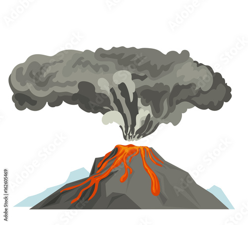 Volcano magma nature blowing up with smoke volcanic eruption lava mountain vector illustration