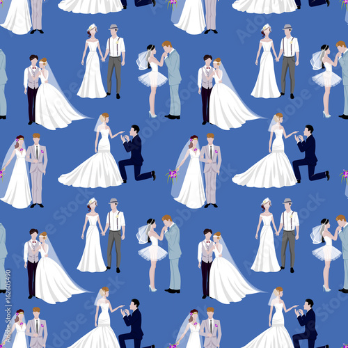 Wedding ceremony groom and bride couple people silhouette vector seamless pattern background