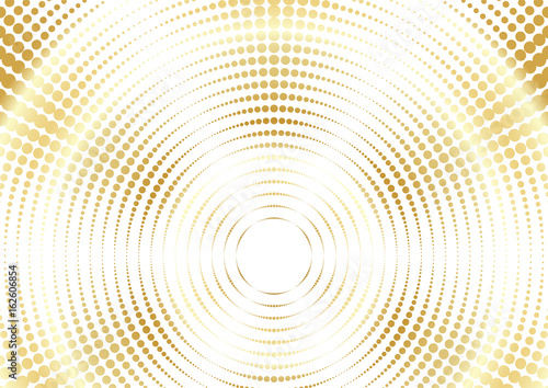 Gold pop art background. Circles with different dots. Visual effect explosion with rays. Vector illustration.