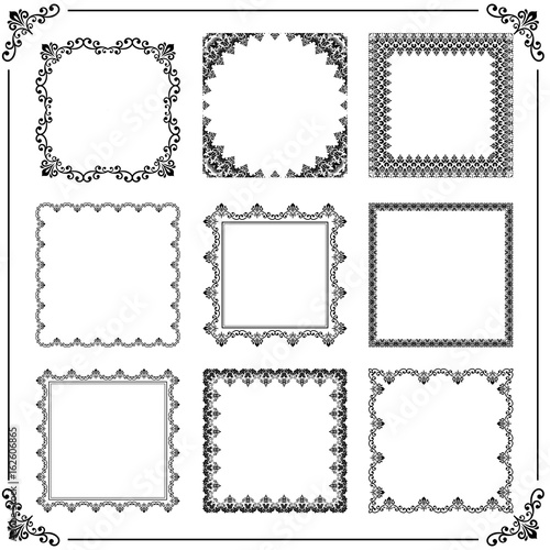 Vintage set of vector elements. Different square elements for decoration and design frames, cards, menus, backgrounds and monograms. Classic black and white patterns. Set of vintage patterns