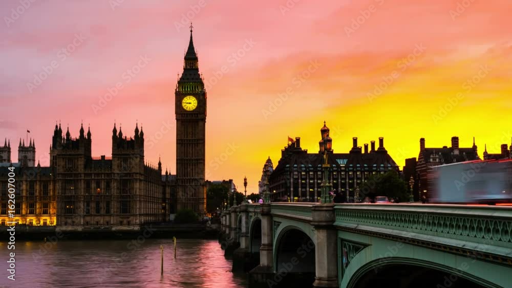 London, UK. Sunset over the city of London, UK. Colorful sky behind Westminster and Big Ben. Westminster bridge at night. Time-lapse at sunset London, UK. Sunset over the city of London, UK. Colorful sky behind Westminster and Big Ben. Westminster bridge at night. Time-lapse at sunset