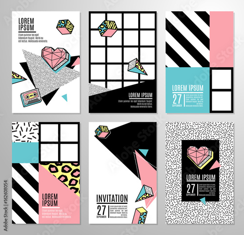Set of cards and banners in 80s-90s memphis style.