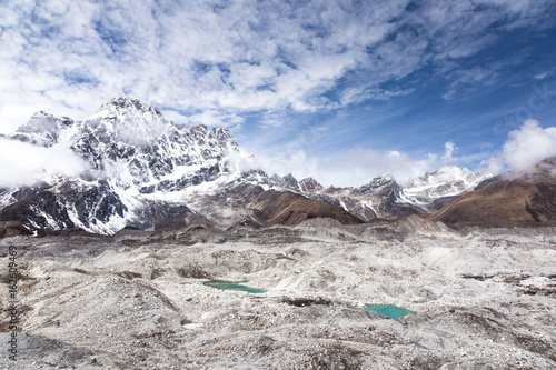 Huge Ngozumpa glacier and icy lakes. The longest glacier in the Himalaya mountains. Everest Base Camp Trek, way to Gokyo valley, Sagarmatha National Park, Nepal.  photo