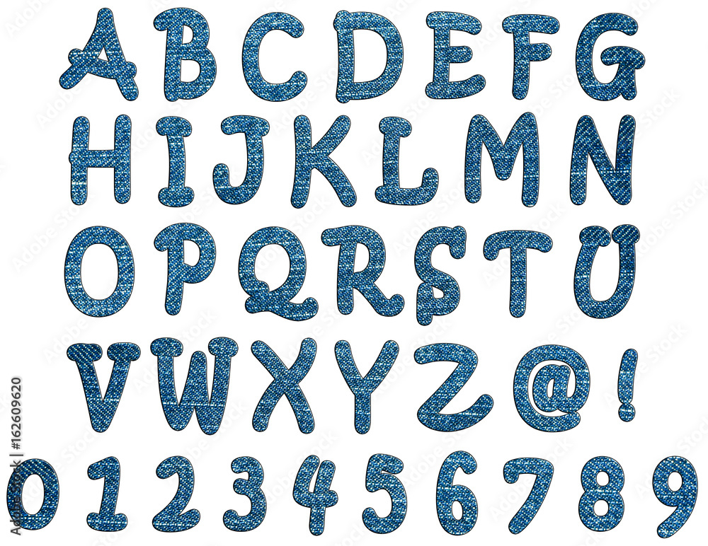  jeans alphabet A-Z and number isolated