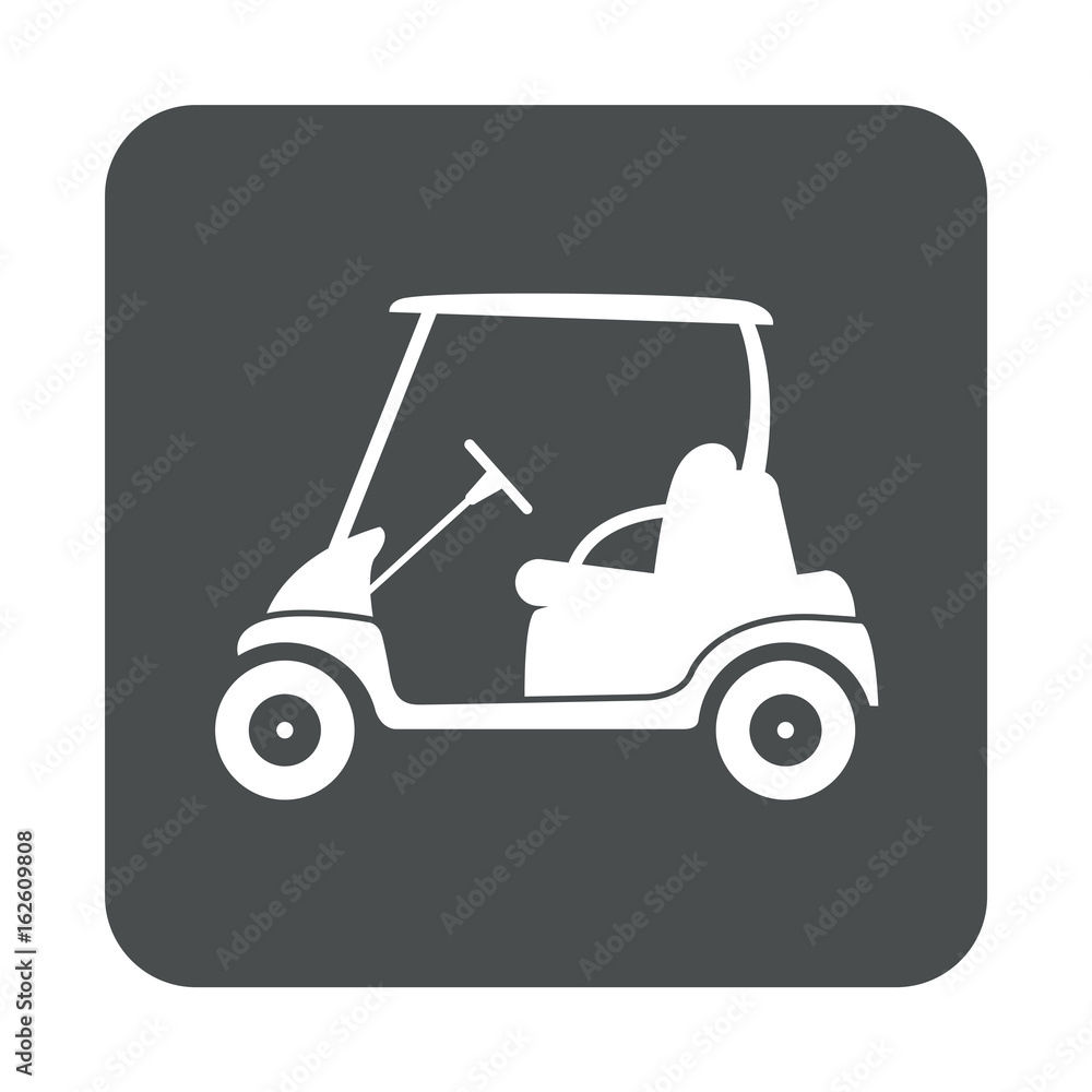 Icono plano carrito de golf lateral en cuadrado gris