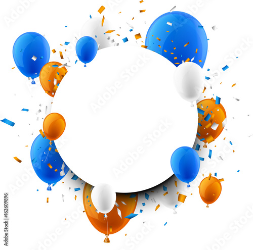 Background with balloons and confetti.