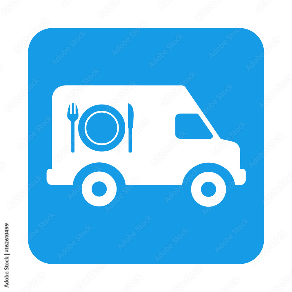 Icono plano furgoneta catering en cuadrado azul Icono plano furgoneta catering en cuadrado azul