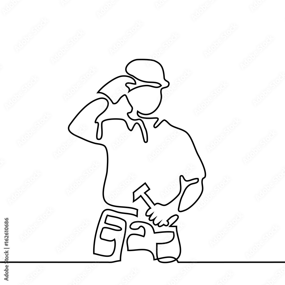 Continuous line drawing. Standing builder man holding tablet. Vector illustration on white background