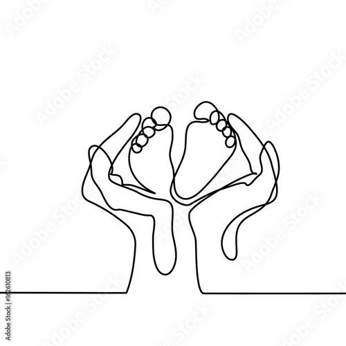 Hands holding baby foot - protection symbol. Continuous line drawing. Vector illustration on white background