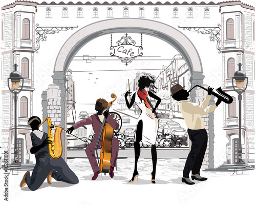 Street musicians in the city. Juzz band. Hand drawn vector illustration with retro buildings. photo