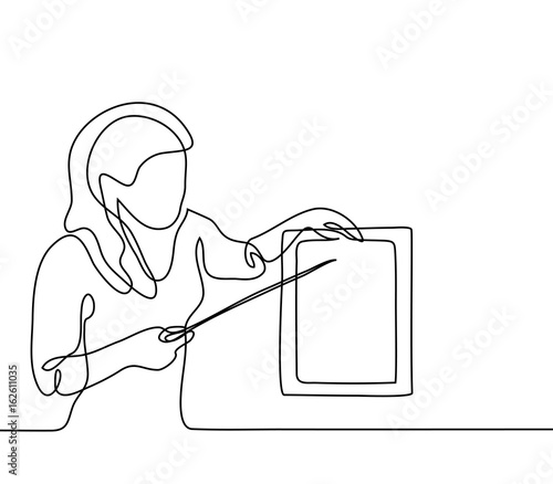 Teacher with pointer and table sheet. Continuous line drawing vector illustration back to school