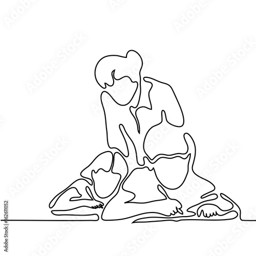 Teacher with children writting in sheet. Continuous line drawing vector illustration back to school