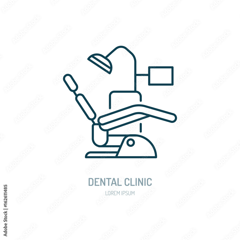 Dentist chair, orthodontics line icon. Dental care equipment sign, medical elements. Health care thin linear symbol for dentistry clinic.