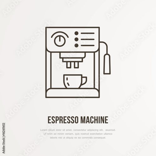 Coffee espresso machine vector flat line icon. Barista equipment linear logo. Outline symbol for cafe, bar, shop.